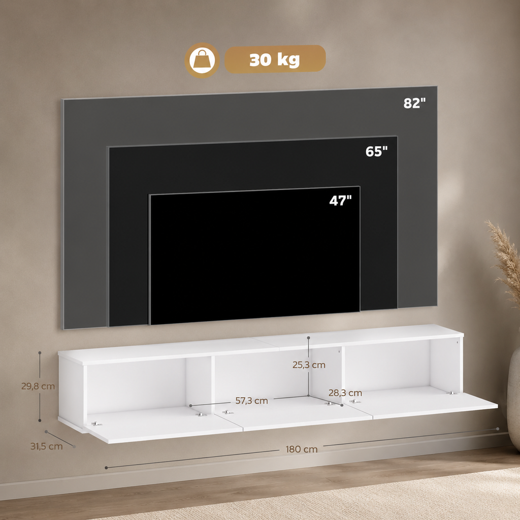 Dimensions du meuble TV mural blanc de 180 cm et charge maximale de 30 kg