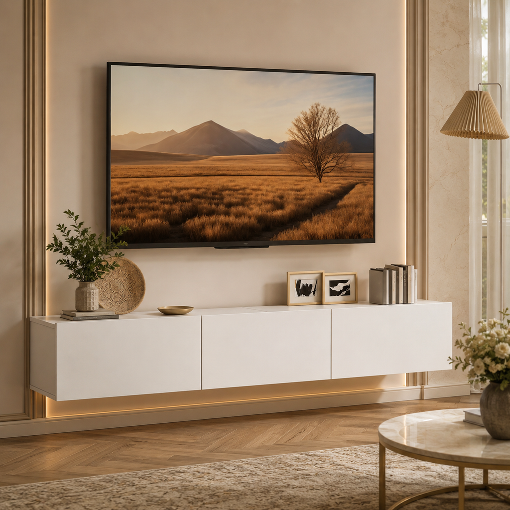 Meuble TV mural blanc suspendu de 180 cm dans un salon chaleureux