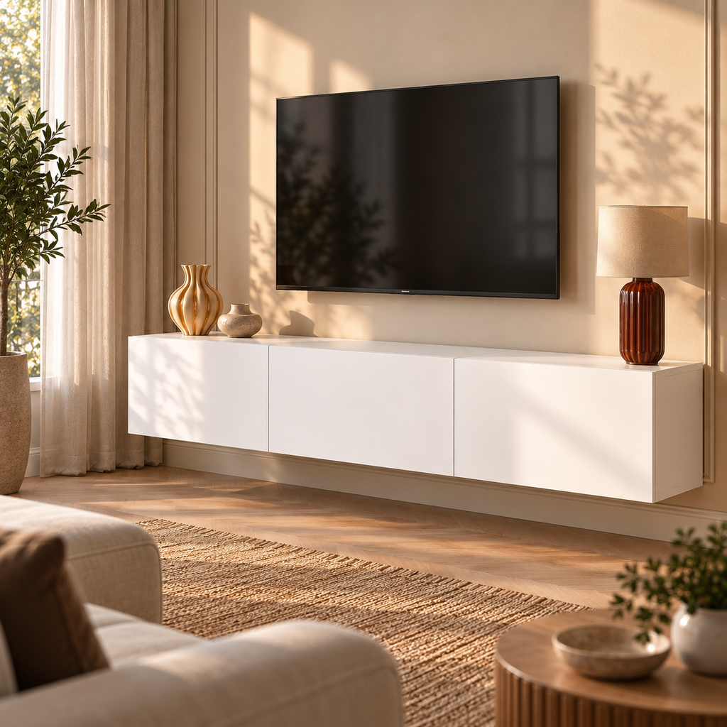 Meuble TV mural blanc suspendu sous un téléviseur dans un salon lumineux