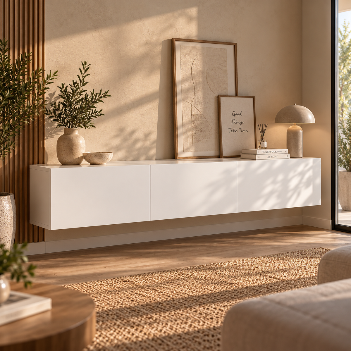 Meuble TV suspendu blanc utilisé comme console décorative