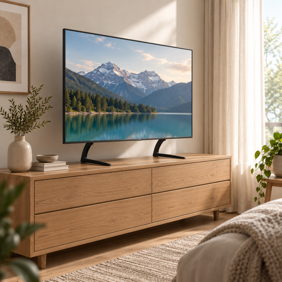 Pied TV universel Toren avec structure en acier vu de côté sur un meuble
