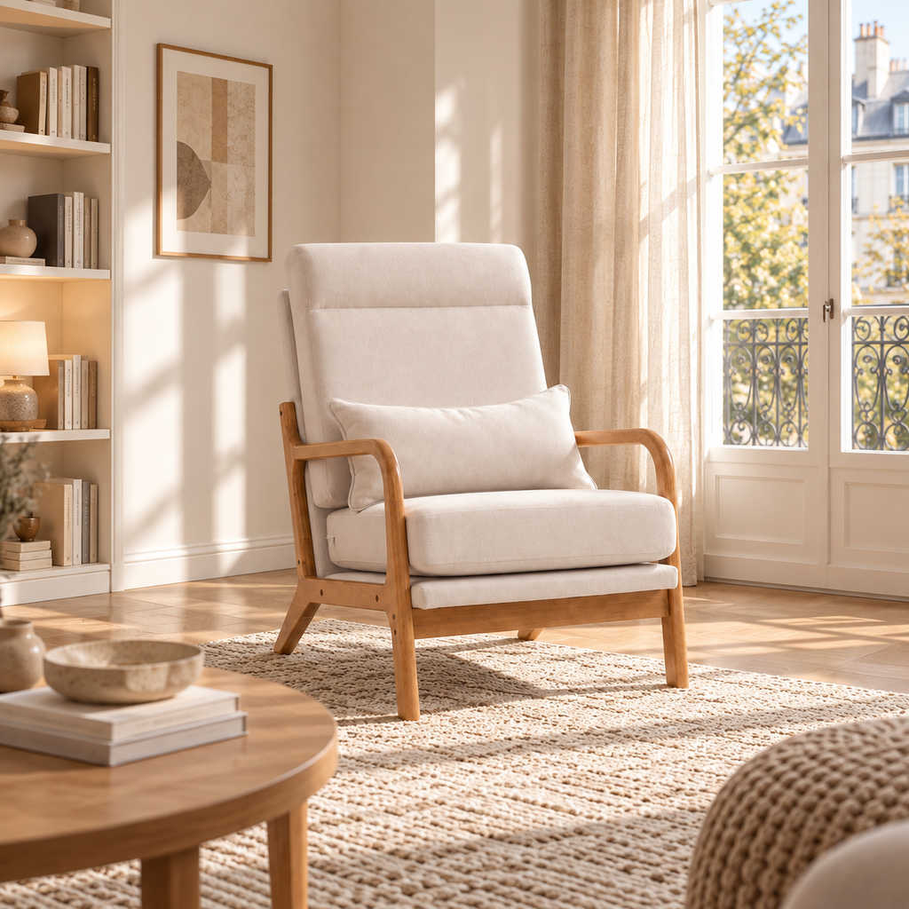 Structure en bois d'hévéa du fauteuil Elyna crème