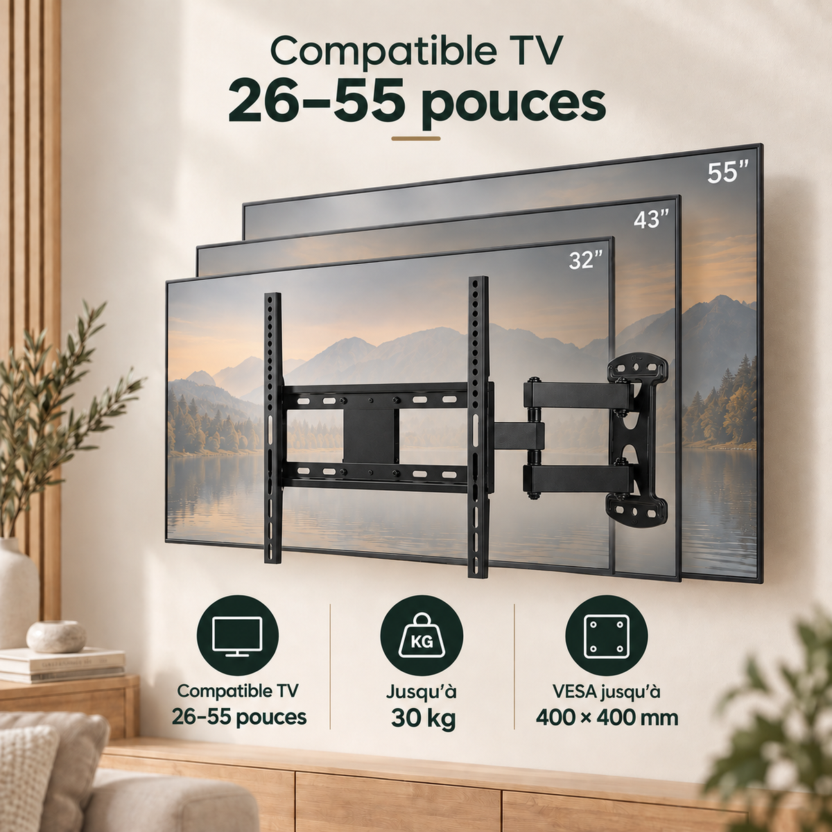 Support mural compatible avec téléviseurs de 26 à 55 pouces
