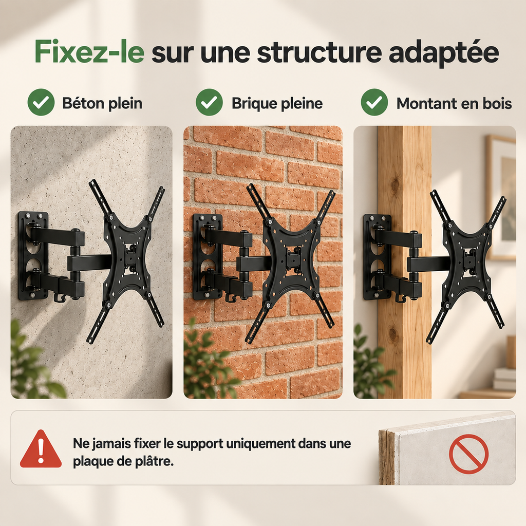 Détail du double bras métallique articulé du support TV Aksel contre mur