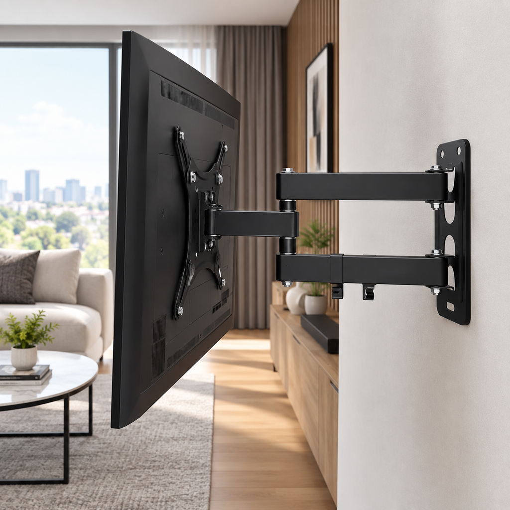 Téléviseur orienté dans un salon avec le support TV mural Aksel vue arrière