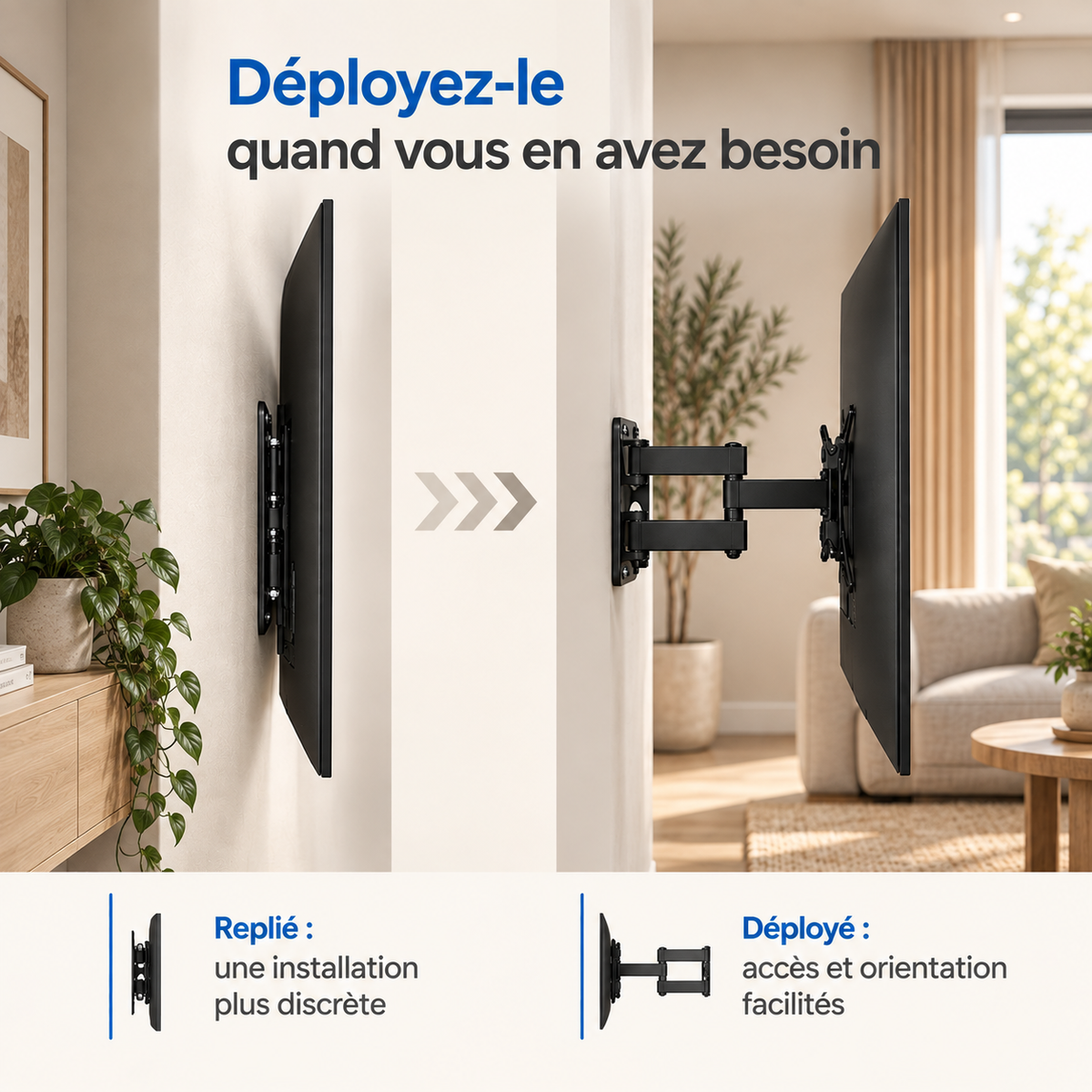 Téléviseur orienté dans un salon avec le support TV mural Aksel