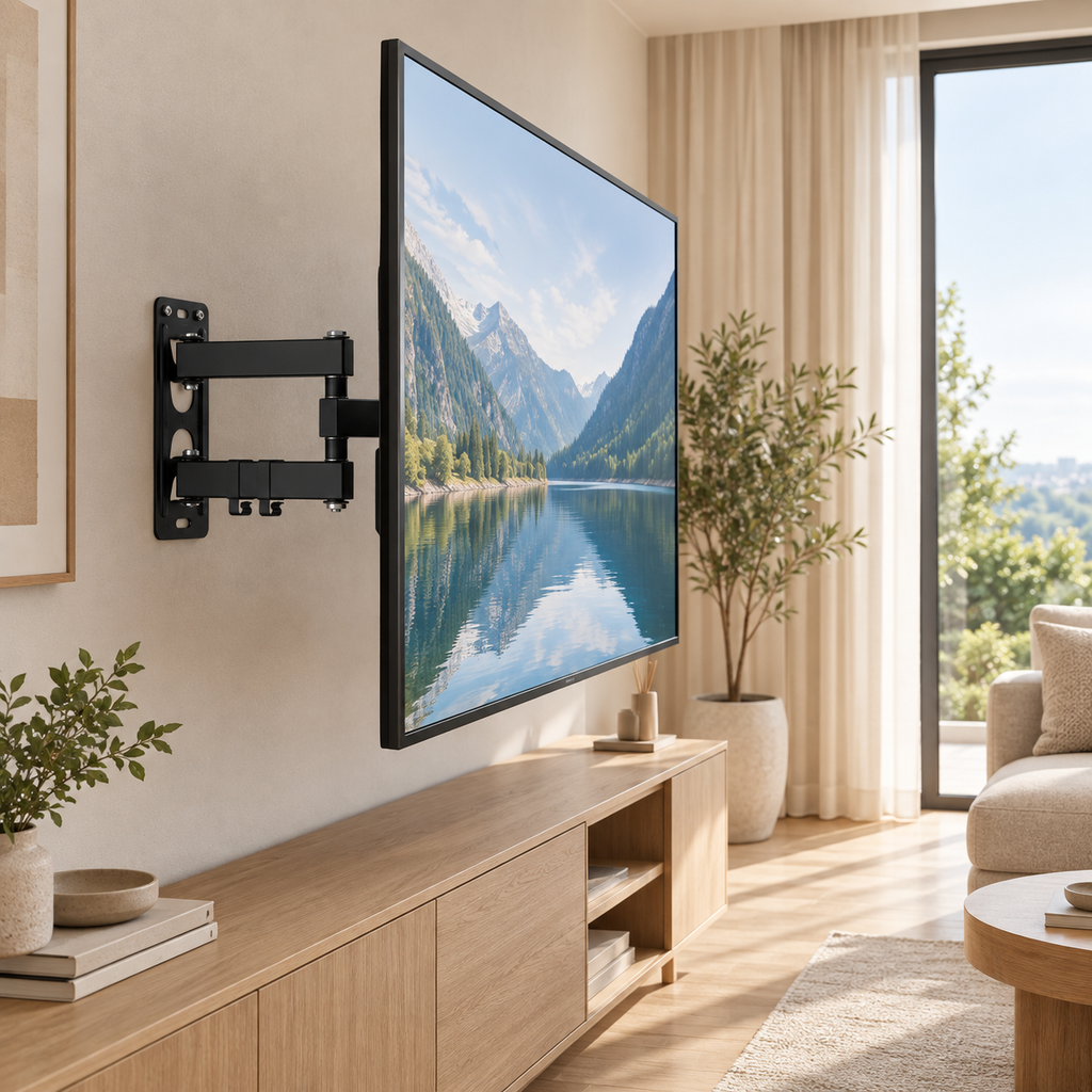 Téléviseur orienté dans un salon avec le support TV mural Aksel