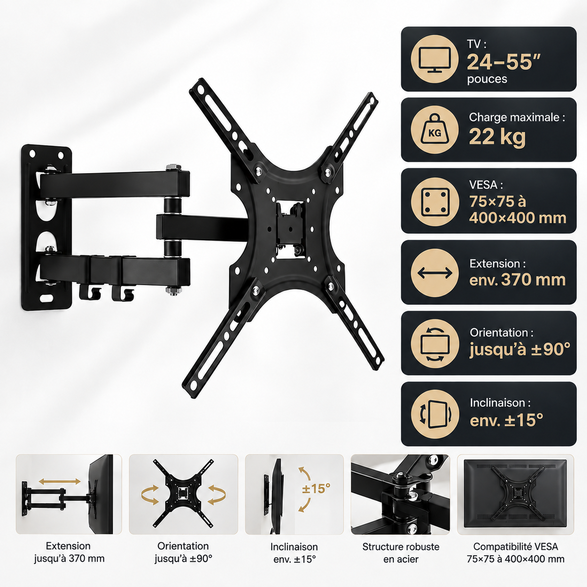 Dimensions et compatibilité VESA du support TV mural Aksel