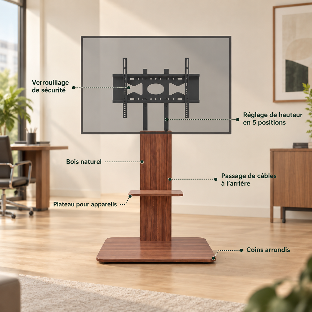 Plateau de rangement et details du support TV Aldren pour box ou console