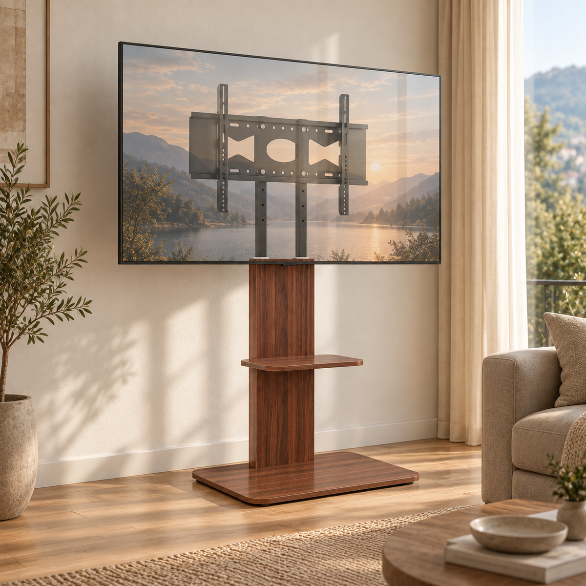 Support TV sur pied Aldren installé avec téléviseur dans un salon contemporain