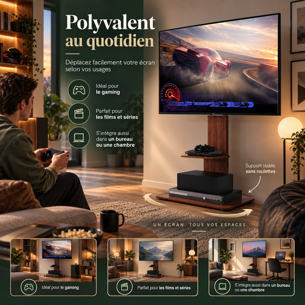 Vue latérale du support TV sur pied Aldren avec fonction polyvalent