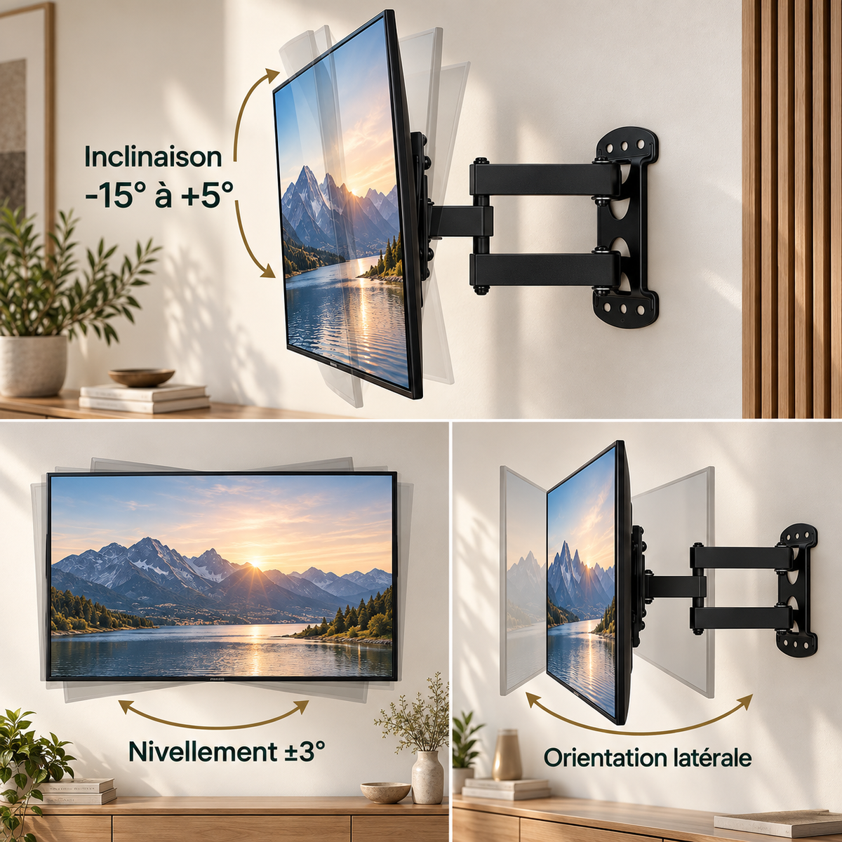 Support TV inclinable de -15 à +5 degrés et pivotant à 45 degrés