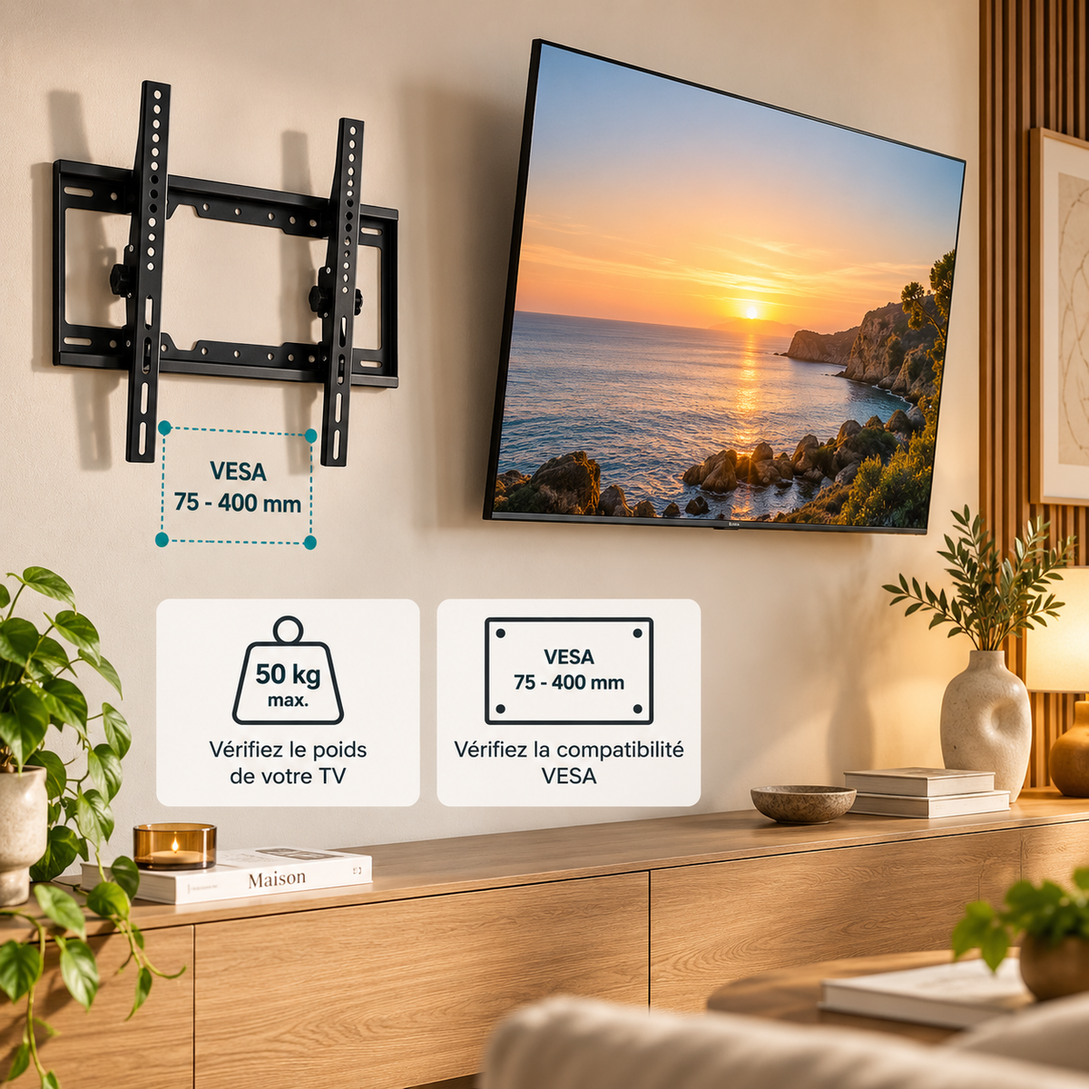 Téléviseur mural installé avec le support TV Keldor 32 à 65 pouces dans un salon contemporain