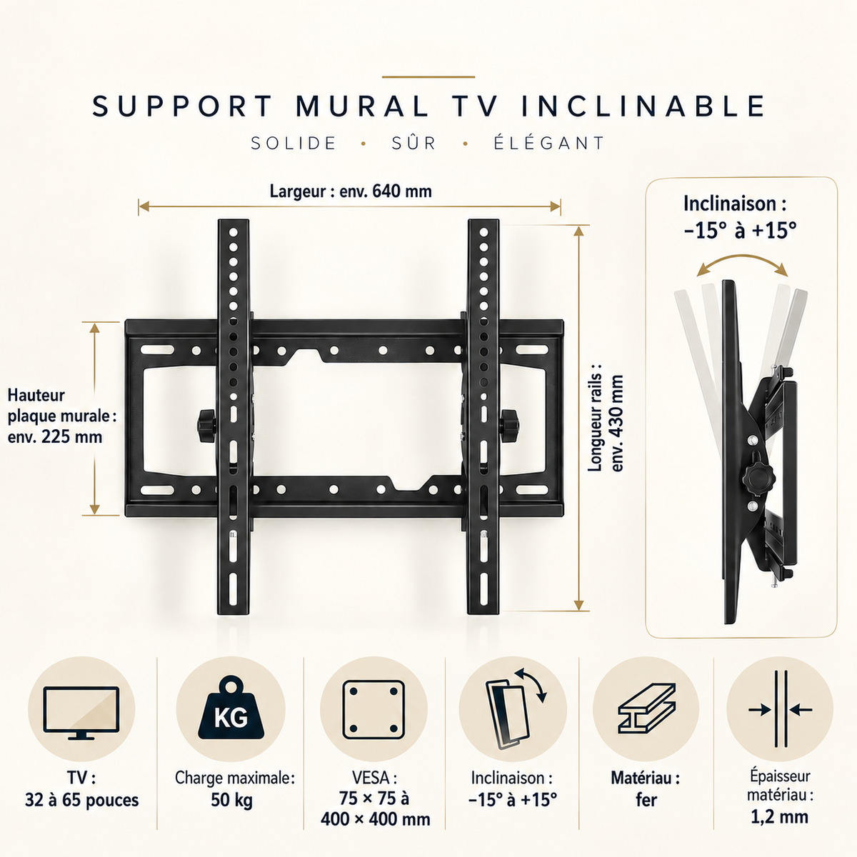 Dimensions et compatibilité VESA du support TV mural Keldor 32 à 65 pouces