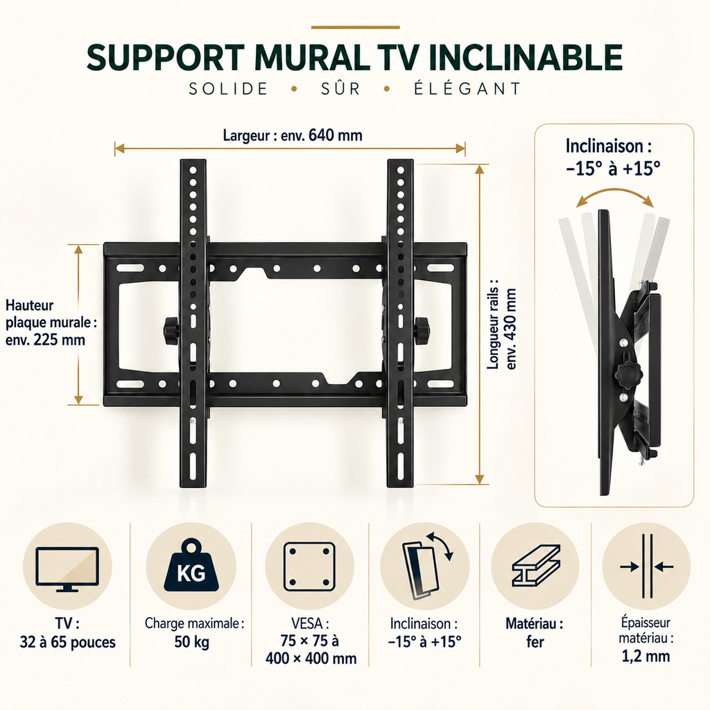 Dimensions et compatibilité VESA du support TV mural Keldor 32 à 65 pouces