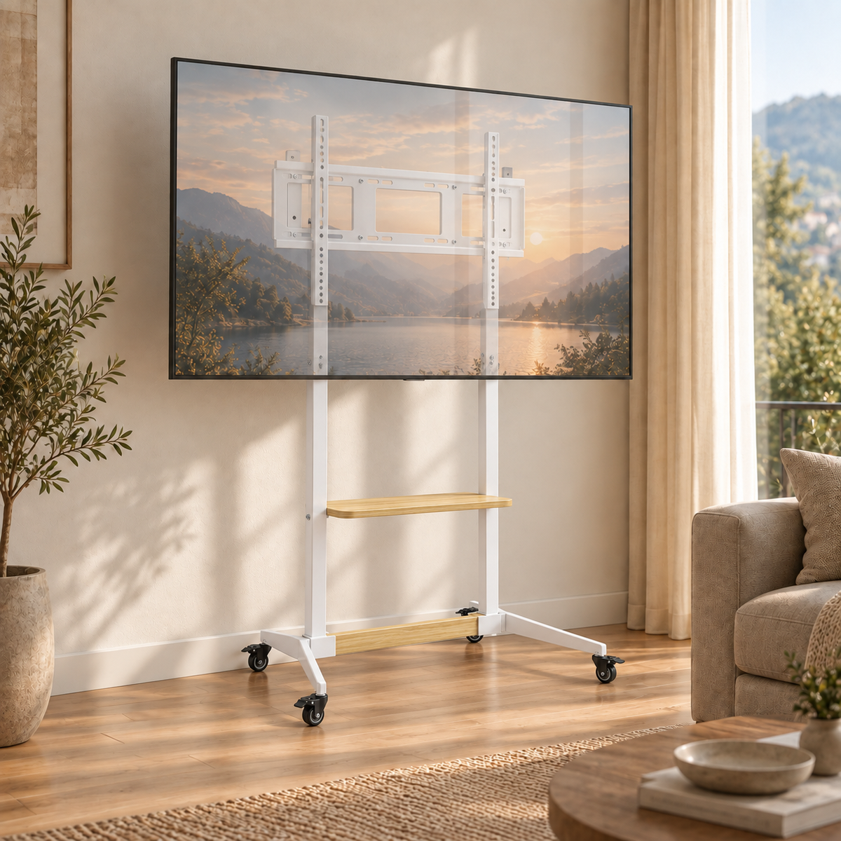 Support TV mobile Move XXL avec grand téléviseur dans un salon contemporain