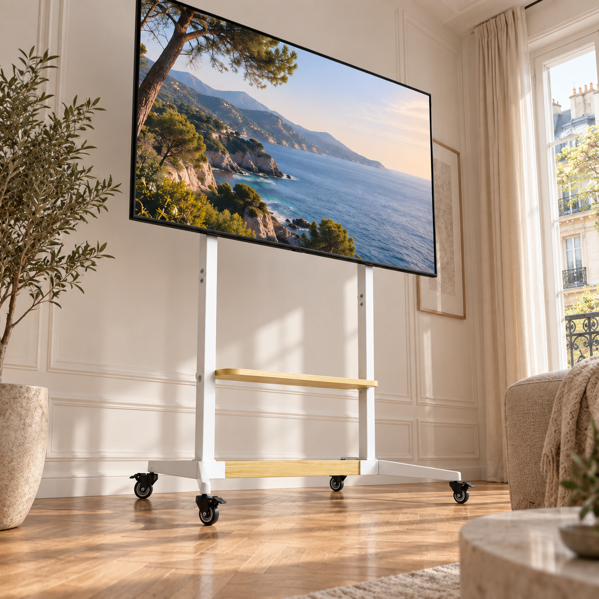 Support TV mobile Move XXL avec grand téléviseur dans un salon moderne