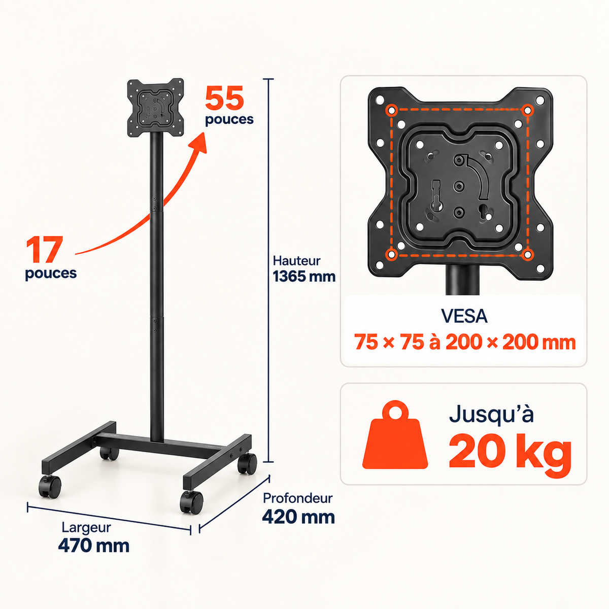 Dimensions du support TV mobile Noren compatible VESA jusqu’à 200 x 200 mm et charge 20 kg