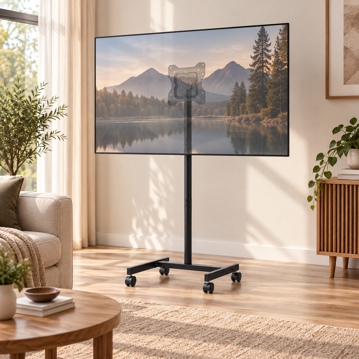 Support TV mobile Noren avec téléviseur installé dans un salon
