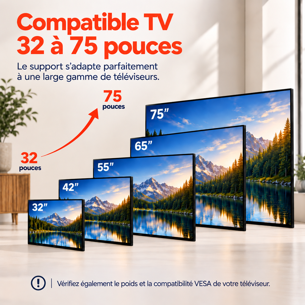 Compatibilité du support TV mobile Orvik pour téléviseurs de 32 à 75 pouces