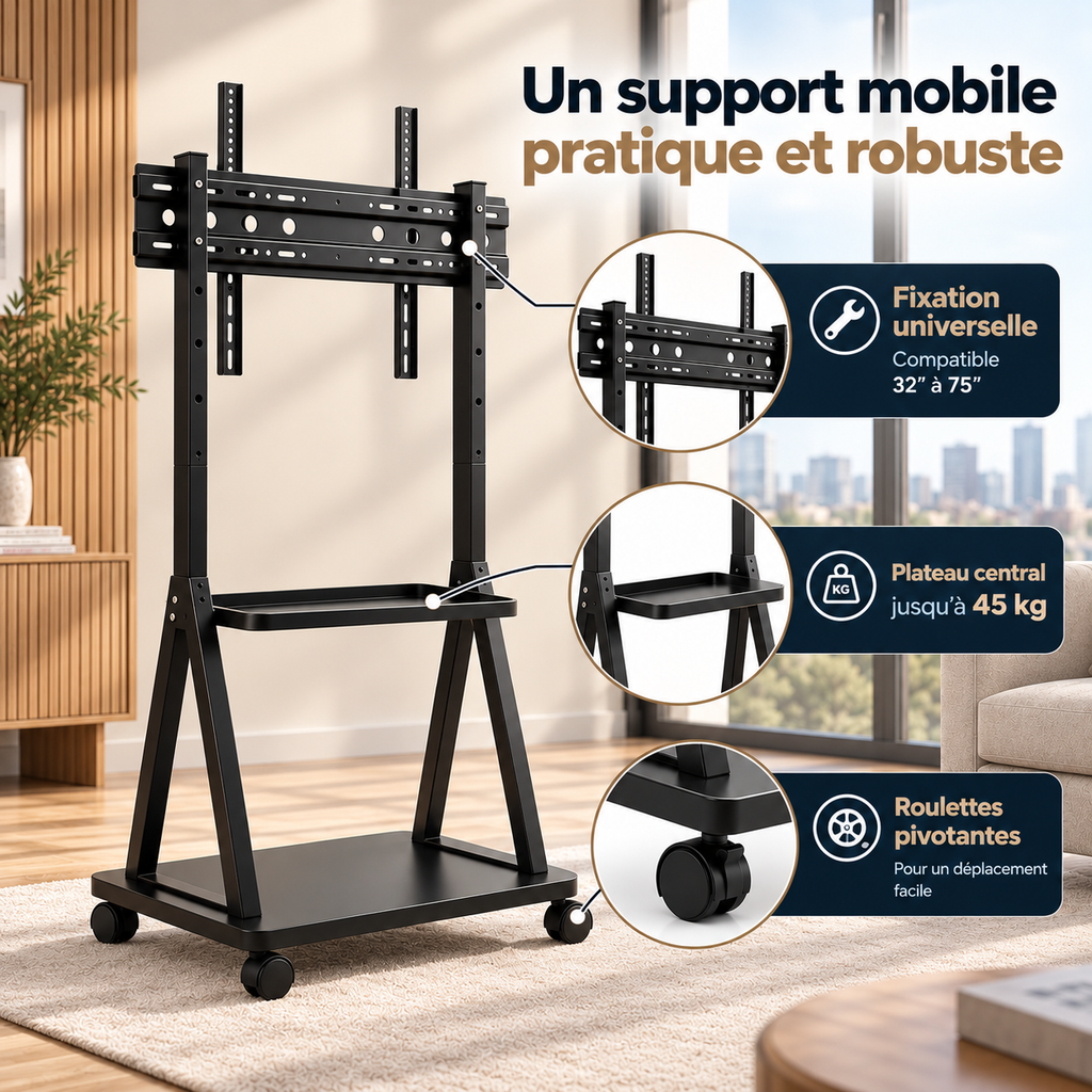 Détail des roulettes du support TV mobile Orvik avec système de mobilité