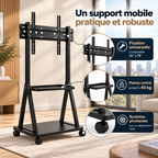 Détail des roulettes du support TV mobile Orvik avec système de mobilité