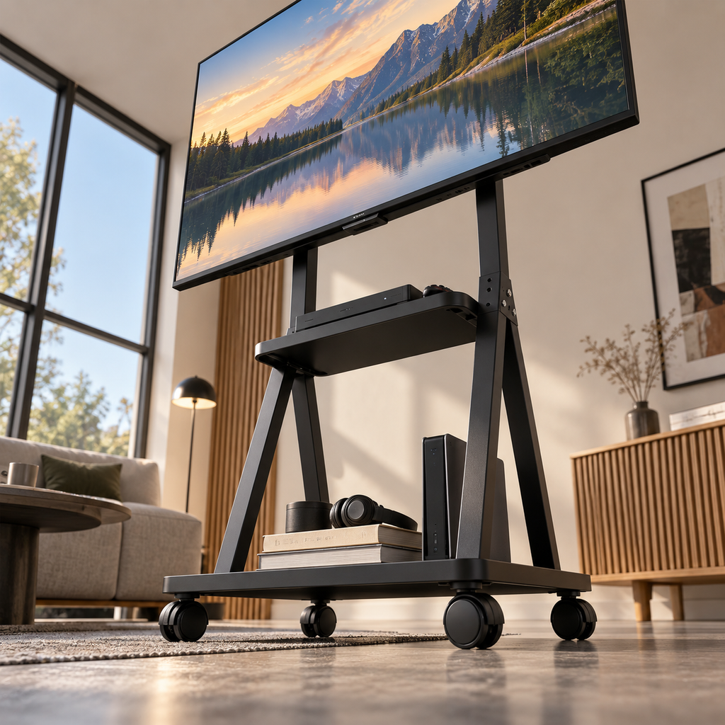 Vue du bas du support TV mobile Orvik avec installation plus propre