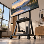 Vue du bas du support TV mobile Orvik avec installation plus propre