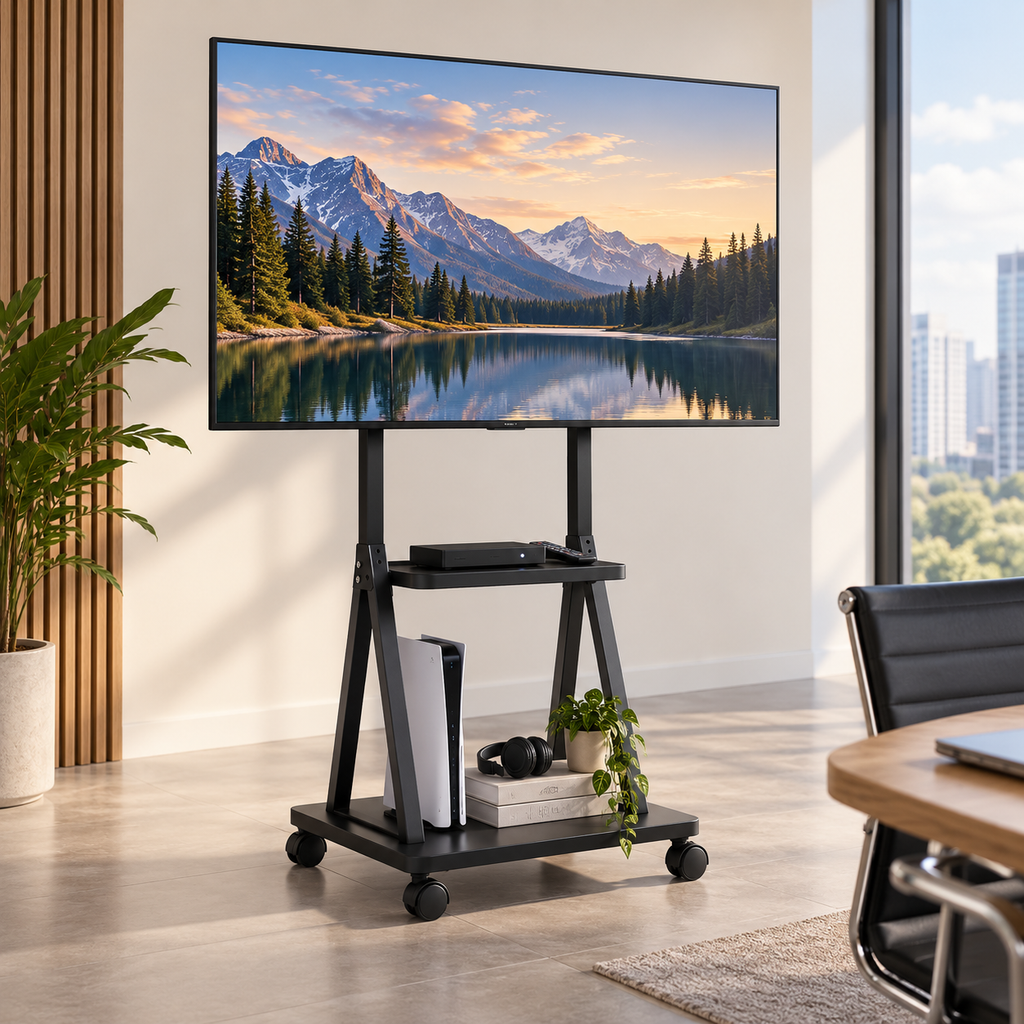 support TV mobile Orvik dans un salon avec espace mieux organisé