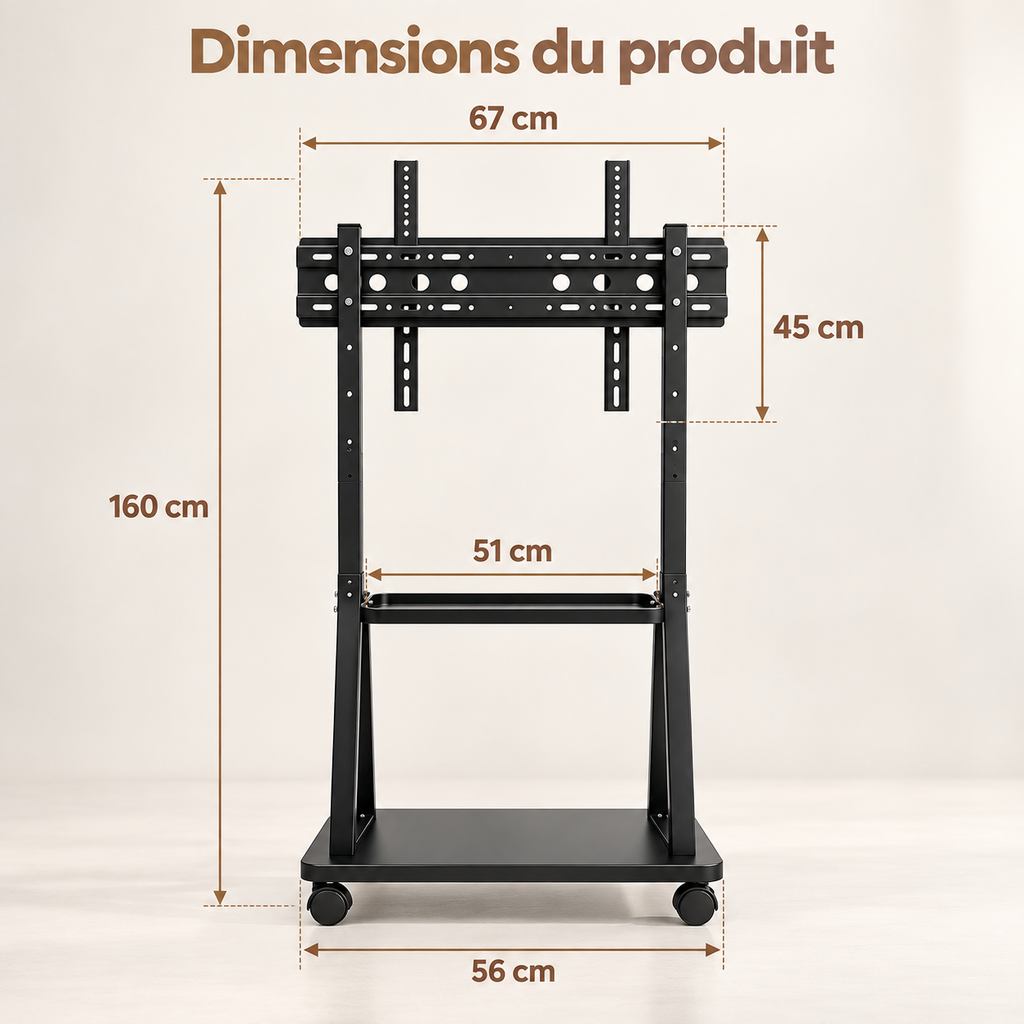 Dimensions du support TV mobile Orvik avec base, plaque de montage et plateau central