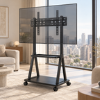 Support TV mobile Orvik dans un salon moderne avec roulettes et 2 niveaux