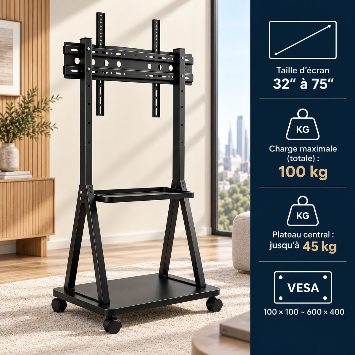 Support TV mobile Orvik compatible VESA 100 x 100 à 600 x 400 mm