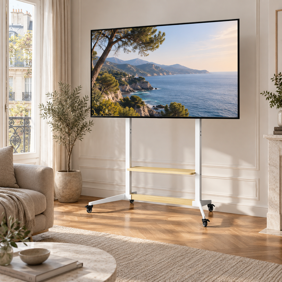 Grand téléviseur installé sur support TV mobile Move XXL blanc et bois