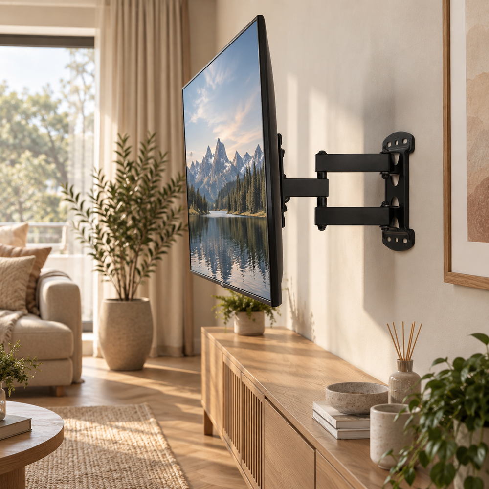 Support TV mural articulé 26 à 55 pouces installé dans un salon moderne