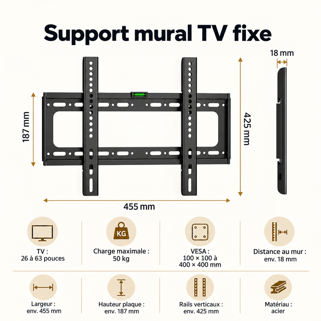 Dimensions et compatibilité VESA du support TV mural fixe Norevik