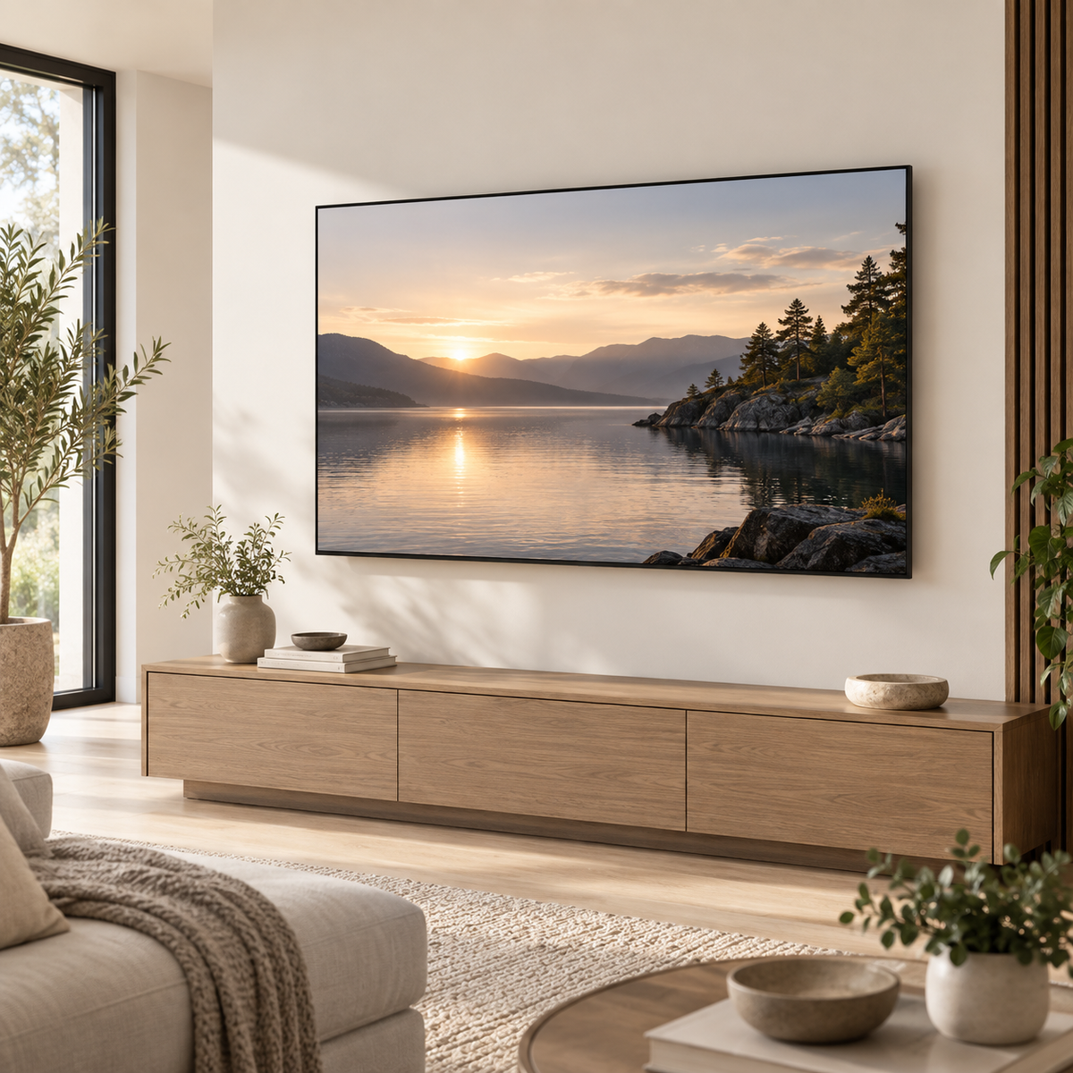 Salon avec téléviseur mural Norevik et meuble TV dégagé