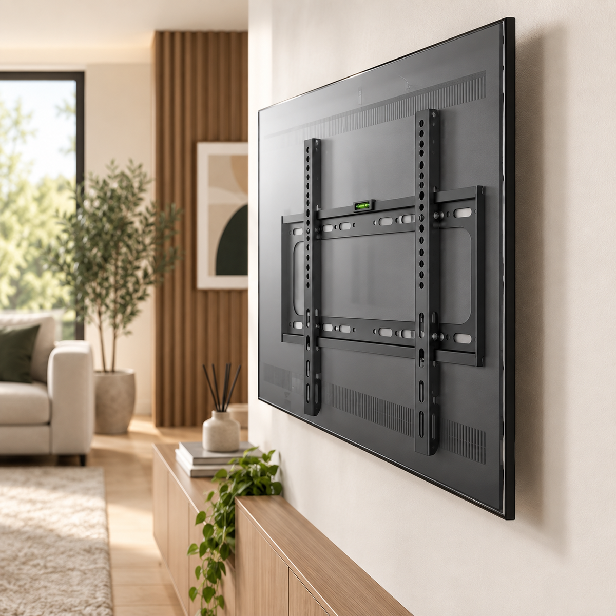 Téléviseur fixé au mur avec le support TV fixe Norevik dans un salon contemporain