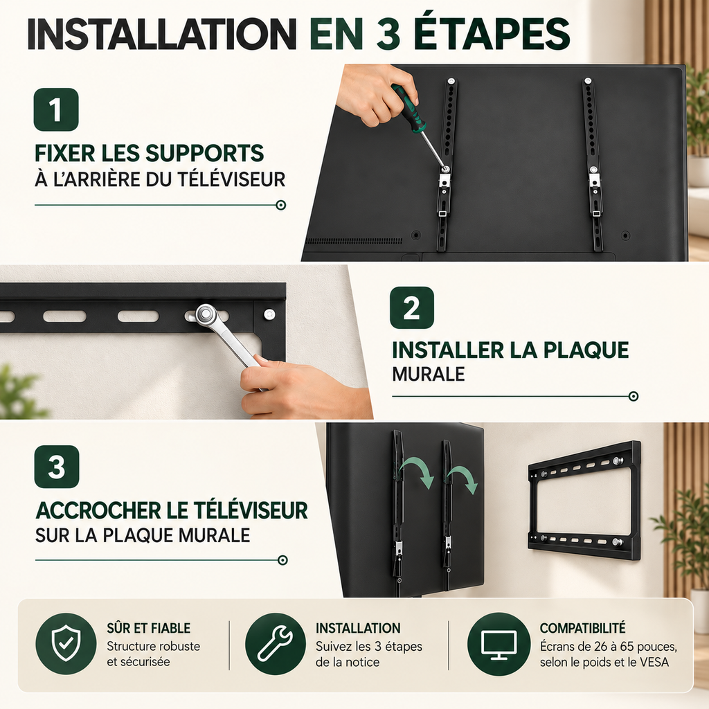 Détail installation du support TV mural Norevik