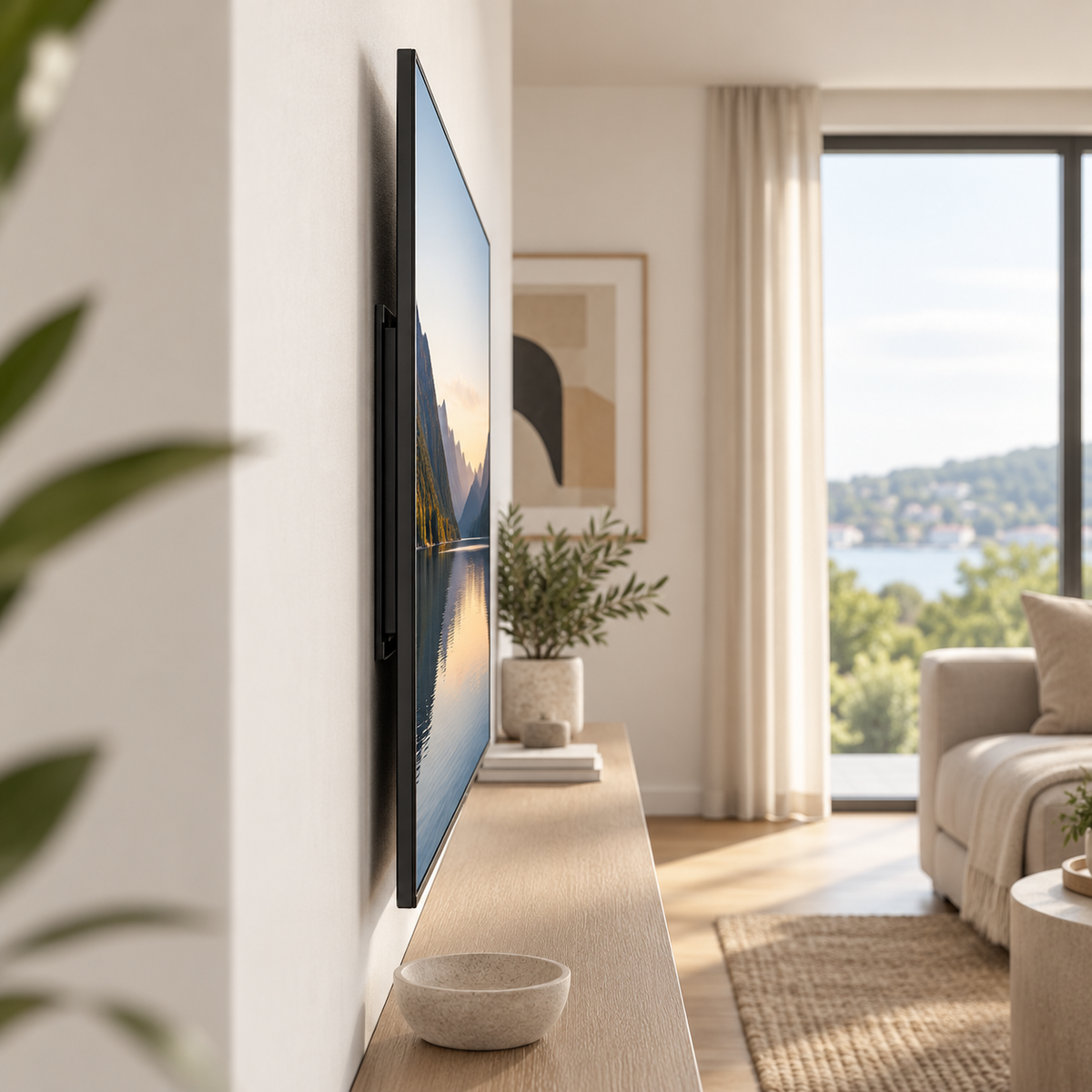 Vue latérale du support TV Norevik avec distance de 18 mm entre télévision et mur