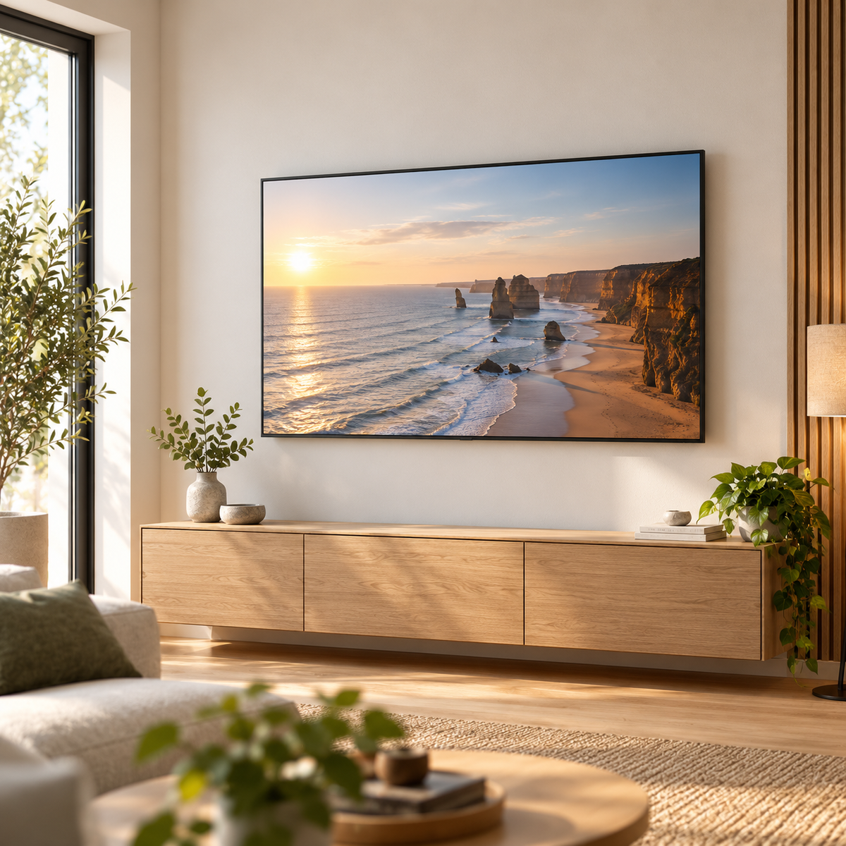 Téléviseur installédans un salon premium avec le support TV fixe Norevik 