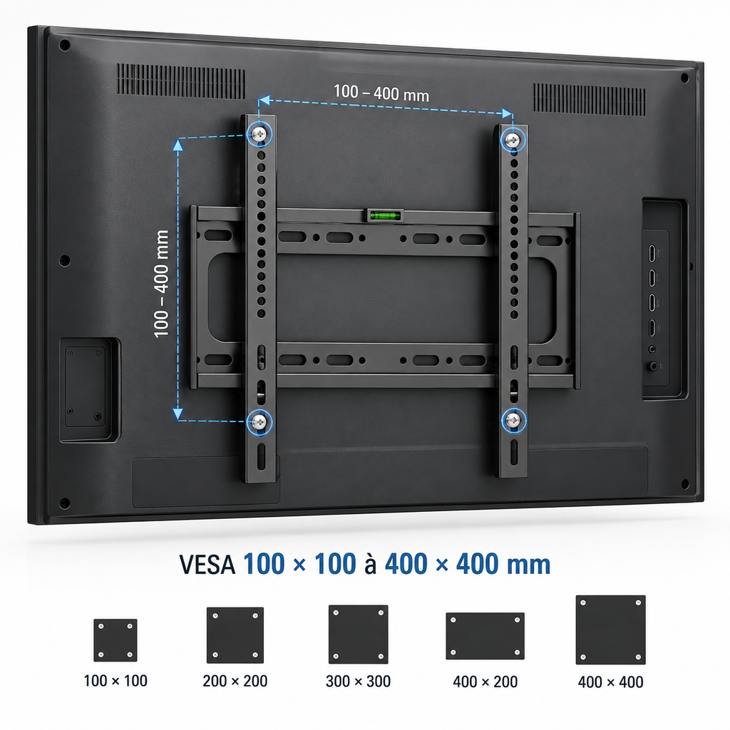 Vue arrière du support TV mural Norevik avec plaque murale et deux rails verticaux et normes VESA