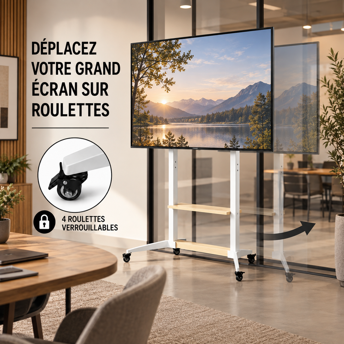 Support TV mobile Move XXL sur quatre roulettes dans un intérieur moderne
