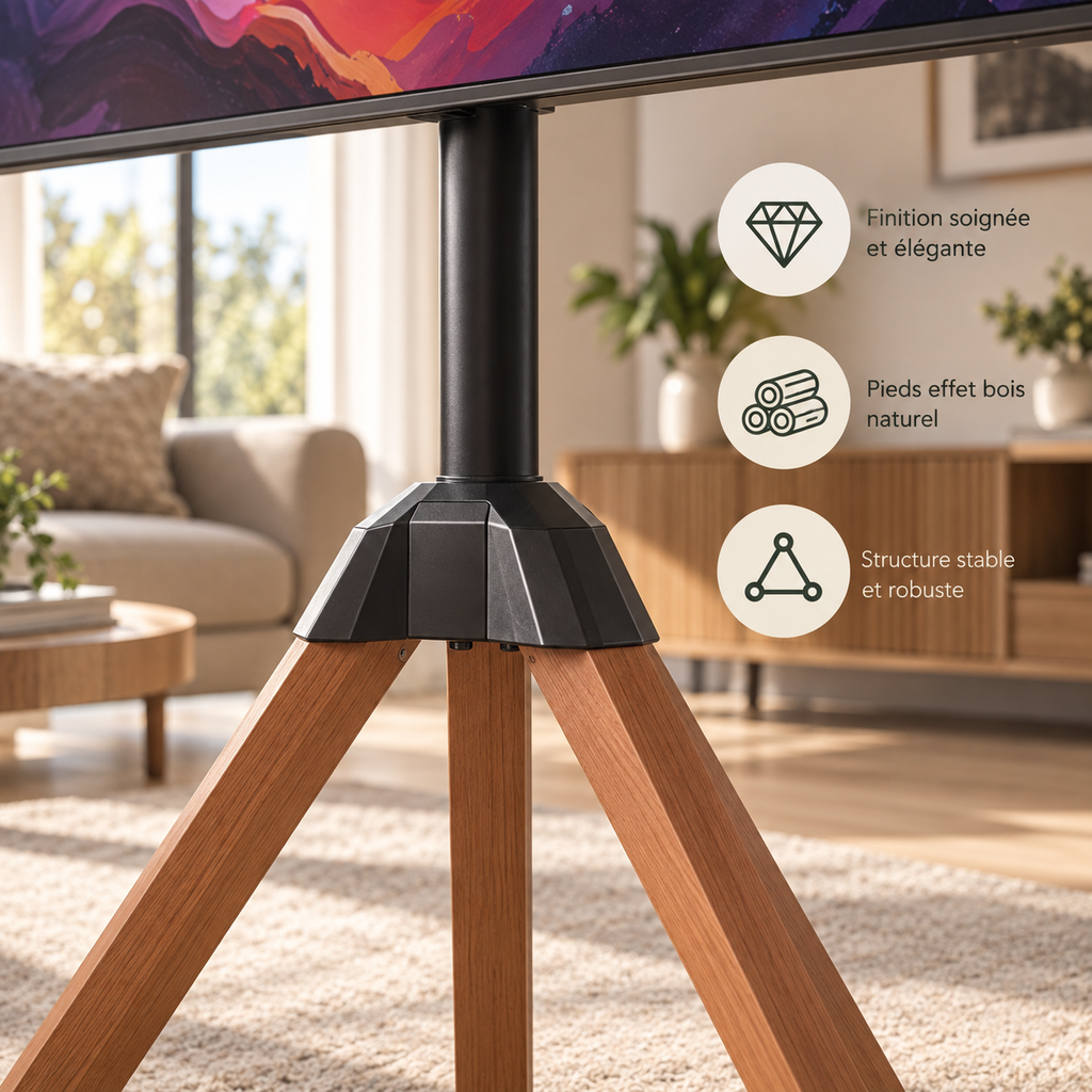 Détail des pieds effet bois du support TV trépied Soren