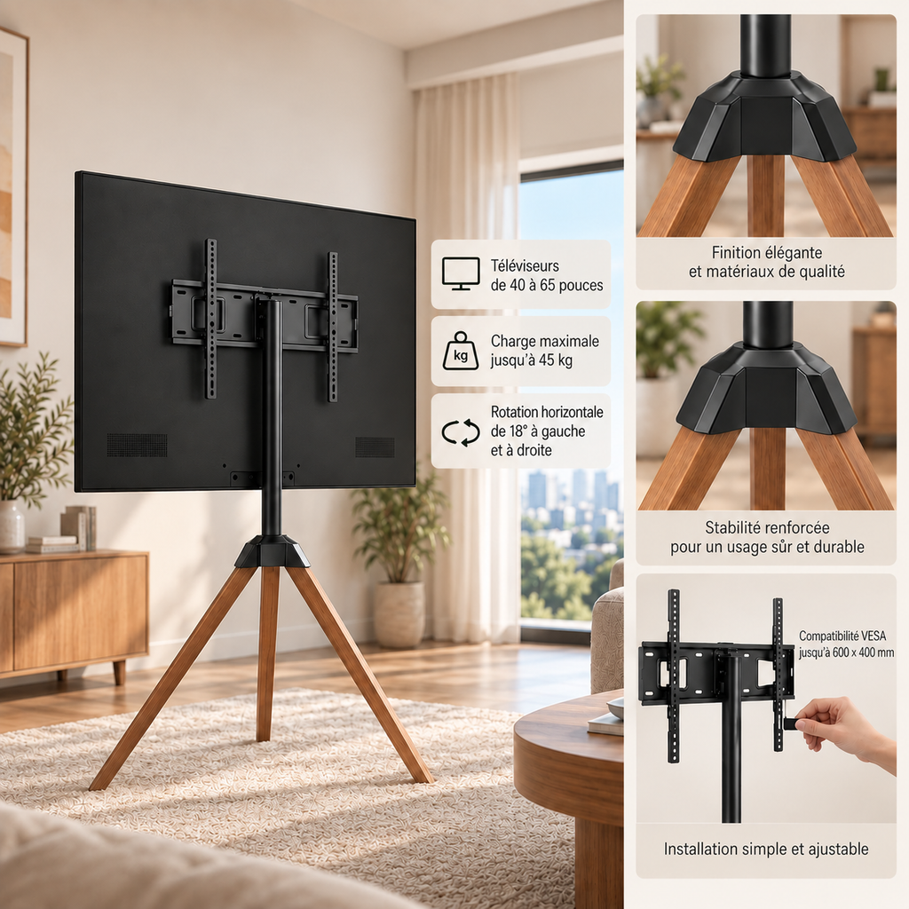 Vue arrière du support TV sur pied Soren avec fixation du téléviseur