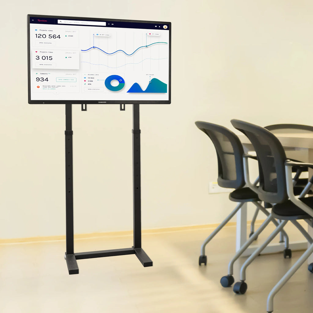 Support TV sur pied réglable utilisé dans un espace professionnel
