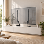 Support TV de table Toren installé sur un meuble TV dans un salon moderne