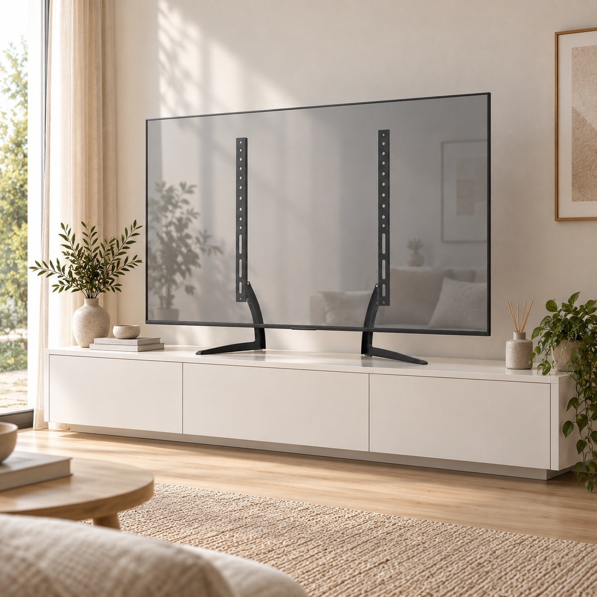 Support TV de table Toren installé sur un meuble TV dans un salon moderne