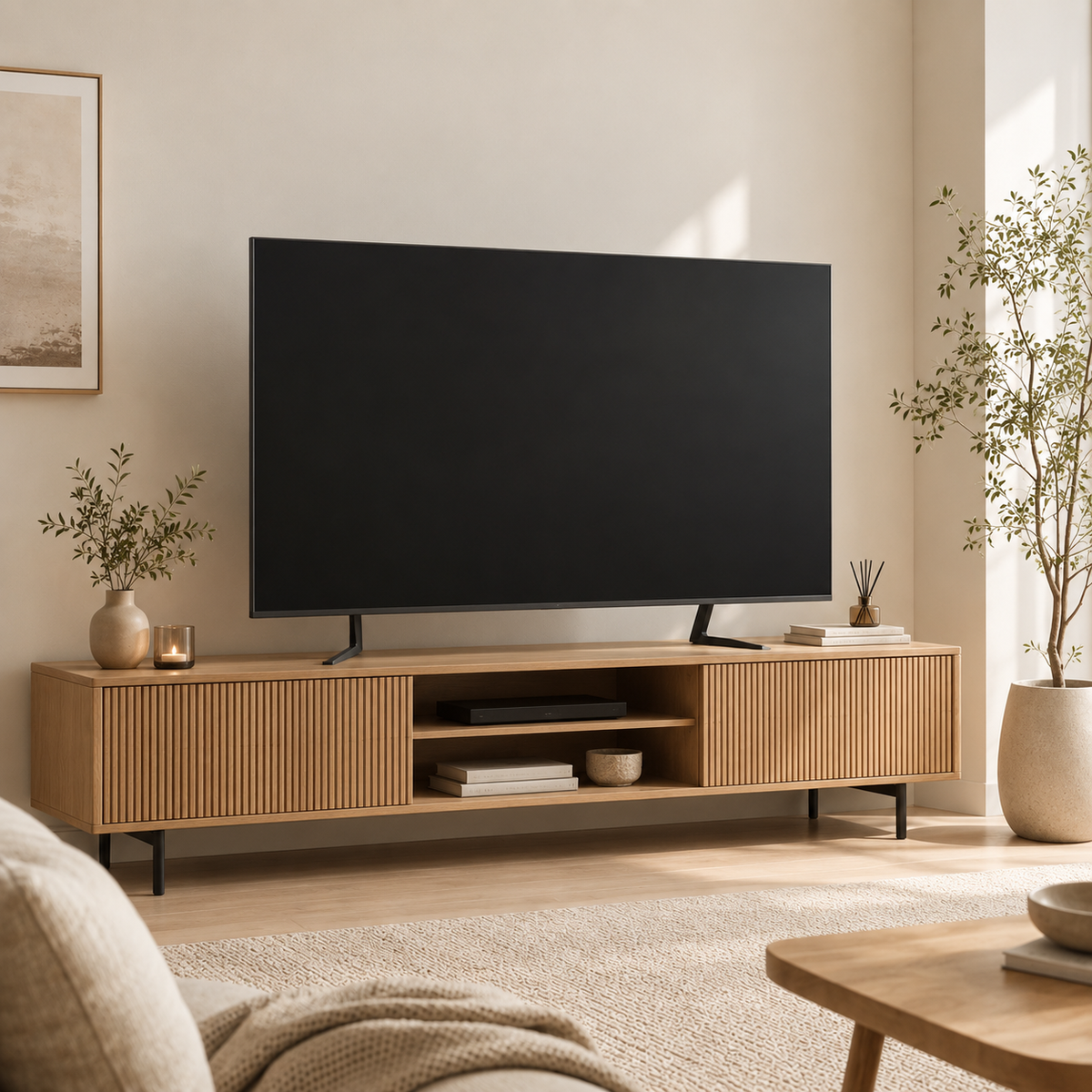 Support TV de table Toren installé sur un meuble TV 