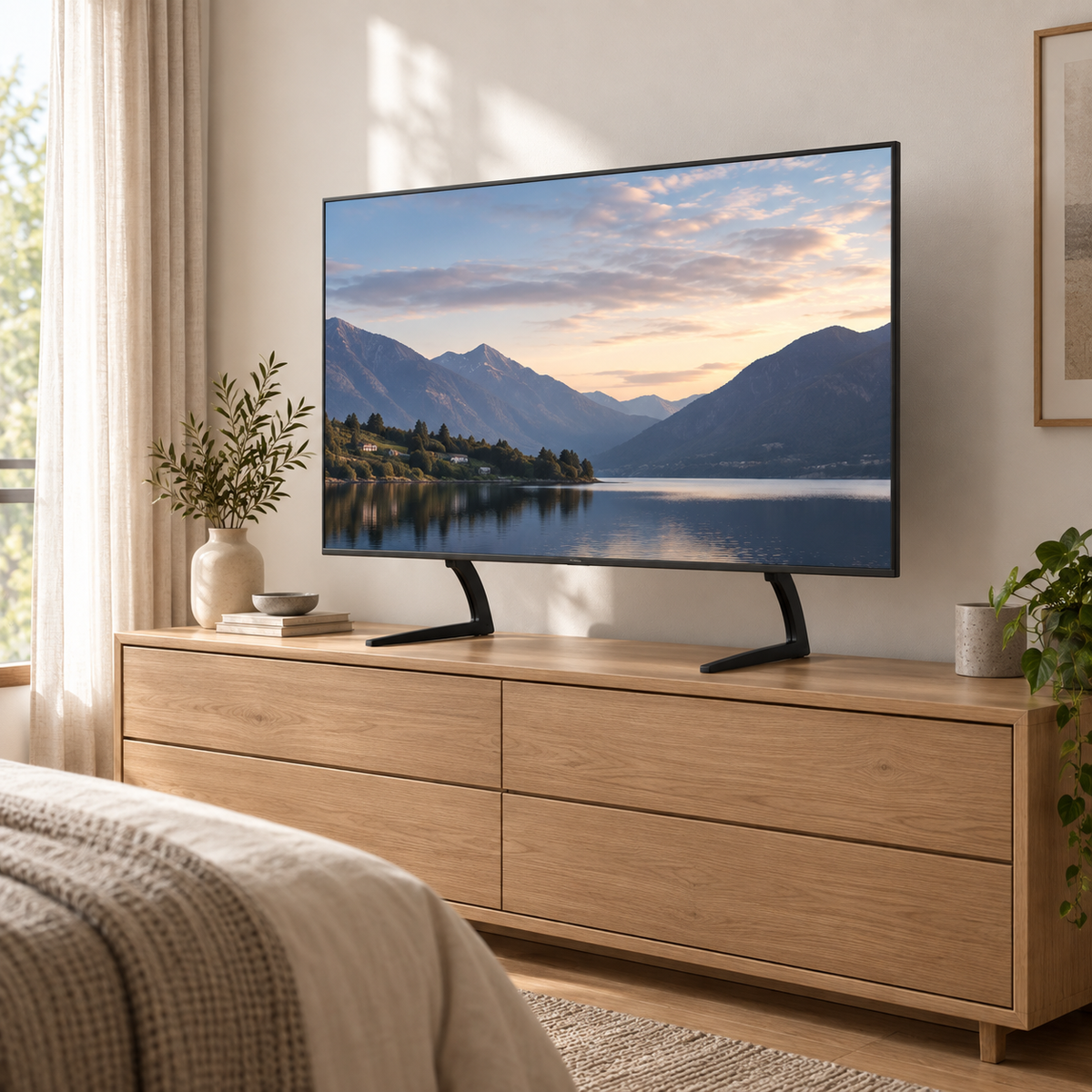 Support TV de table Toren installé sur un meuble dans un petit salon sans fixation murale
