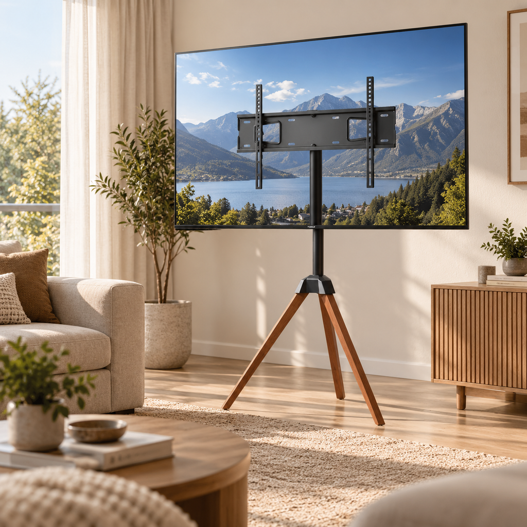 Support TV trépied Soren avec téléviseur installé dans un salon
